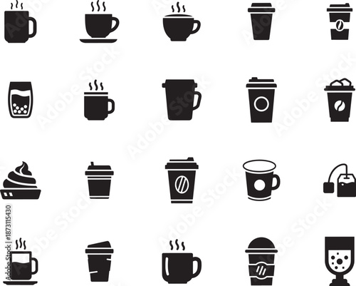 Coffee Cup and Beverage Silhouette icon collection. Includes Silhouette symbols cup, mug, tea, steam, cafe and more. Isolated icons. Coffee and Beverage icon set. 