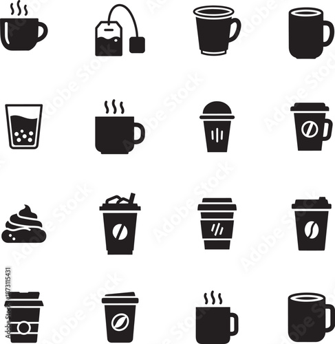 Coffee Cup and Beverage Silhouette icon collection. Includes Silhouette symbols cup, mug, tea, steam, cafe and more. Coffee and Beverage icon set. Minimalist icons pack.
