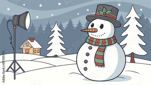 Snowman in Winter Wonderland Scene with Studio Light.