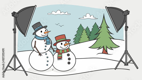 Snowmen photoshoot in winter wonderland with studio lights.