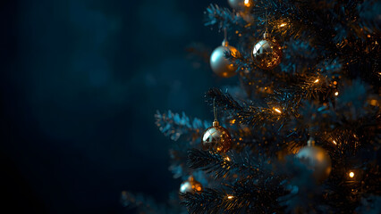 Close-up of a decorated Christmas tree with golden baubles and warm fairy lights on a dark background