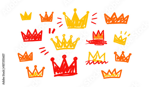 Collection of hand-drawn crowns in red and yellow crayon on a white background