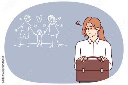 Frustrated business woman suffers dreaming of family life with husband and child. Frustrated businesswoman with briefcase is stressed due to lack harmony and balance between career and personal life