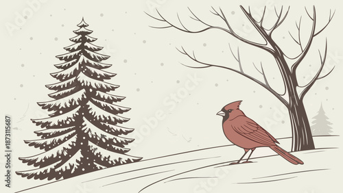 Winter Cardinal Scene Snowy Tree and Bird Illustration.