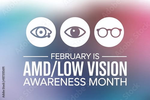 AMD And Low Vision Awareness Month Graphic Featuring Eye And Glasses Icons Over Vibrant Blurred Purple And Blue Gradient Background