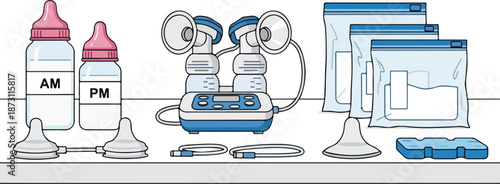 Breastfeeding essentials bottles pump and storage bags for new mothers.