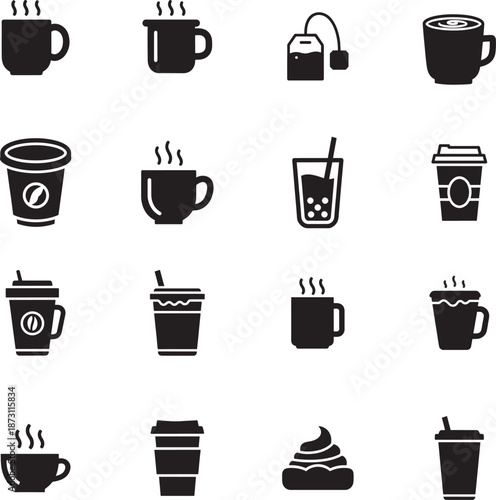 Coffee Cup and Beverage Silhouette icon collection. Includes Silhouette symbols cup, mug, tea, steam, cafe and more. Isolated icons. Coffee and Beverage icon set. Minimalist icons pack.