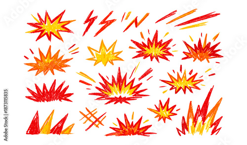 Collection of hand-drawn explosion and lightning bolt icons in red and yellow crayon