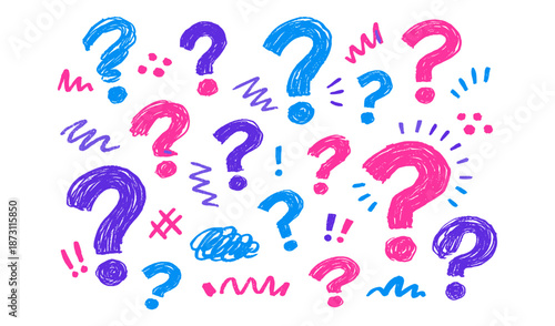 Hand-drawn question marks in bright blue, pink, and purple scattered across white background