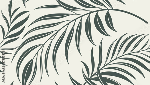Minimalist seamless tropical palm leaf pattern. Dark green foliage on light background. Vector illustration for fabric, wallpaper, web design.