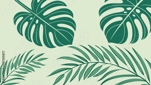 Tropical Green Leaves Pattern. Botanical Illustration with Monstera and Palm Fronds on a Light Background.