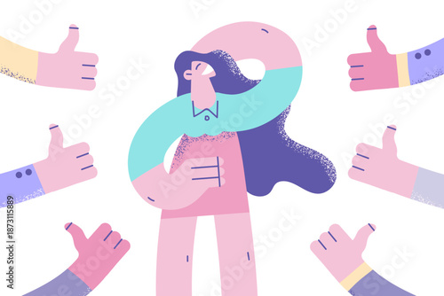 Diverse people show thumbs up to glamorous woman