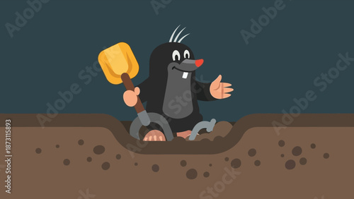 Cheerful cartoon mole with a shovel emerging from its freshly dug burrow