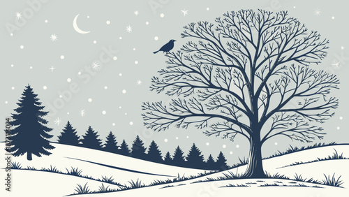 Winter Landscape with Bare Tree Bird and Snowfall Illustration.