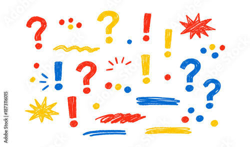 Hand-drawn punctuation marks and colorful doodles on a white background