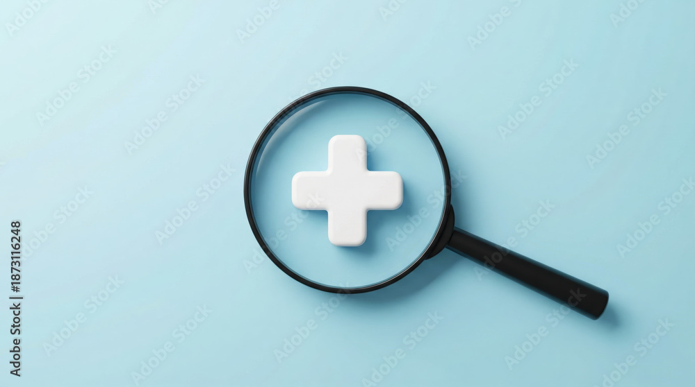 Obraz premium Magnifying glass a white medical cross on a soft blue background conveying a calming focus on healthcare clarity and careful examination