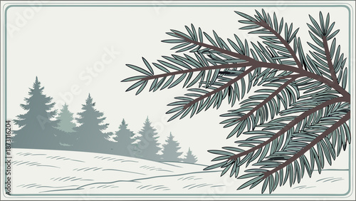 Winter Landscape with Pine Branch Illustration.
