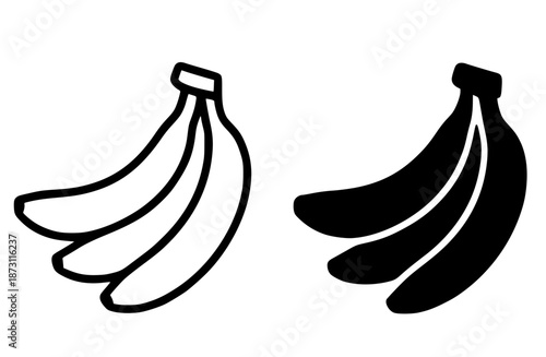 Tropical fruit icon, illustration of a bunch of bananas in outline and silhouette style