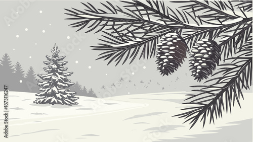 Winter Landscape with Pine Tree and Snowfall Illustration.