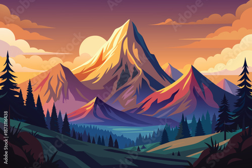 Majestic Mountain Range at Sunset with Vibrant Colors Vector Illustration