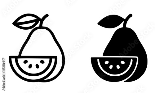 Tropical fruit icon, guava illustration in outline and silhouette style