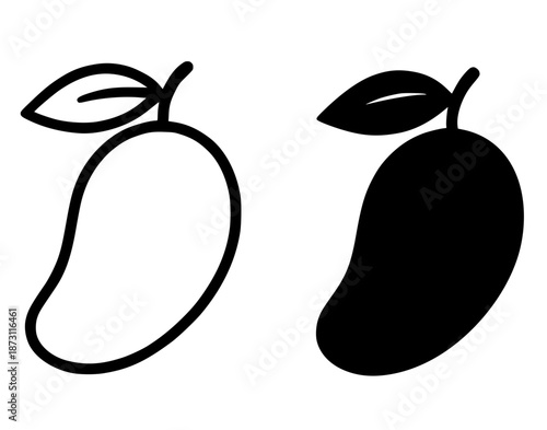 Tropical fruit icon, mango illustration in outline and silhouette style