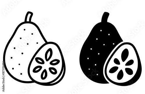 Tropical fruit icon, jackfruit illustration in outline and silhouette style