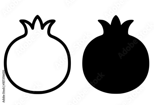Tropical fruit icon, pomegranate illustration in outline and silhouette style