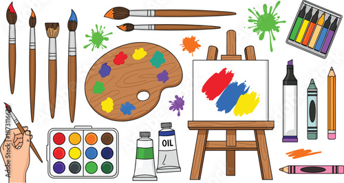 Painting Art Supplies Collection with Brushes Palette Canvas Easel Colors Creative Hobby Flat Vector Illustration