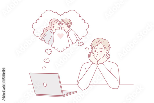 Dreaming of love and online dating concept. Smiling boy sitting at laptop dreaming of his girlfriend imagining their date online vector illustration