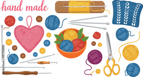 Handmade Knitting and Crochet Tools with Yarn Balls Buttons Needles Craft Hobby Flat Vector Illustration