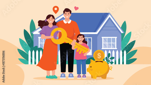 Family saving money for home illustration in flat style showing parents and children with house, piggy bank and financial planning concept