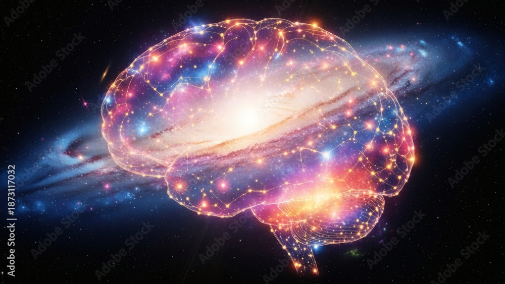 Fototapeta premium A vibrant, glowing brain surrounded by a stunning galaxy with stars and planets in space.