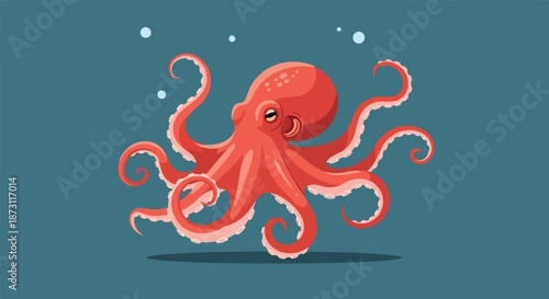 Vibrant Cartoon Octopus Swimming Gracefully in Deep Blue Ocean Water with Bubbles