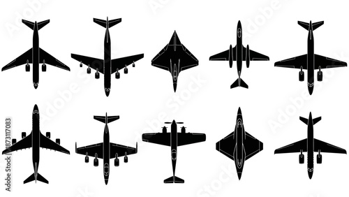 Original vector collection of diverse airplane silhouettes, showcasing various aircraft designs from a top-down perspective, ideal for aviation graphics, travel themes, and digital projects