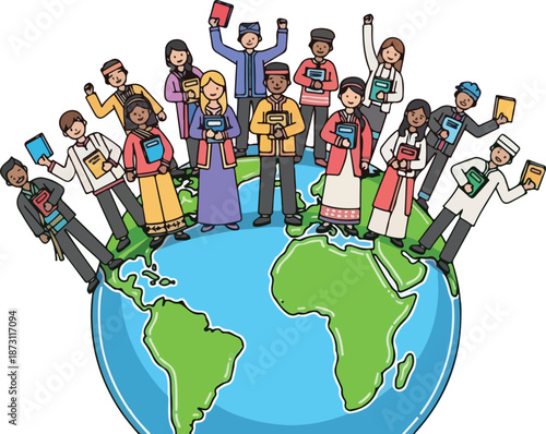 Diverse group of people from around the world standing on a globe holding books celebrating global literacy and unity.
