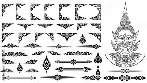 Elegant Thai ornamental borders and corner elements, featuring intricate patterns and a traditional mythical face illustration