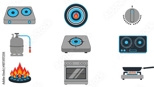 Collection of cooking stove and appliance icons including gas stoves, ovens, and stovetops