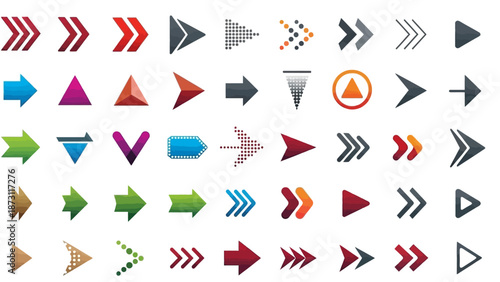 A diverse collection of directional arrow icons in various styles, colors, and sizes, perfect for digital interfaces and design projects
