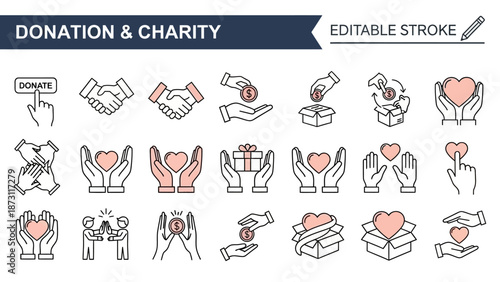 Modern Line Icon Set for Charity, Donation, and Helping Hands Concepts of Giving, Support, Volunteer Work, and Social Responsibility