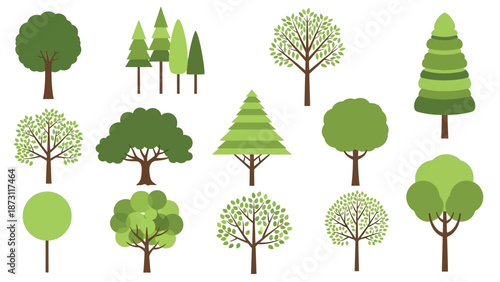 Diverse collection of flat design stylized trees, a variety of deciduous and coniferous foliage for nature and landscape illustrations