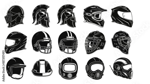 Collection of various protective headwear including helmets for sports, industry, and military purposes