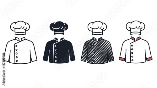 Set of chef uniform icons, representing professional culinary attire with different styles and colors