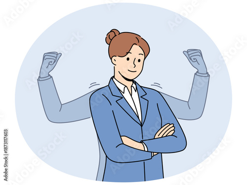 Strong business woman stands with arms crossed near imaginary biceps, symbolizing self-confidence and desire for success. Ambitious business lady company manager is ready to save clients from crisis