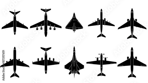 Collection of diverse aircraft silhouettes viewed from directly above, showcasing various airplane designs and aerial vehicles