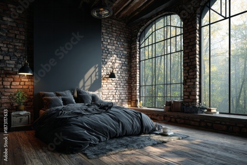 Industrial style bedroom features exposed brick walls and large arched windows overlooking a dense forest