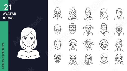 Diverse Collection of Flat Line Art Avatar Icons Representing People of Various Ages and Ethnicities