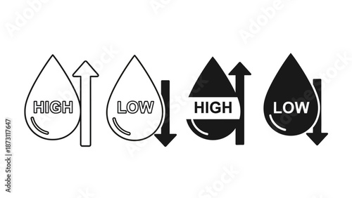 Iconography illustrating the concepts of high and low levels or changes in volume, pressure, or intensity