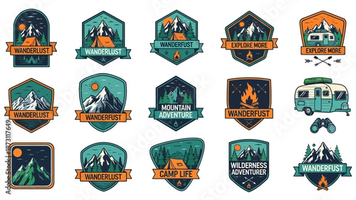 Set of retro outdoor adventure badges featuring mountains, tents, trailers, and forest landscapes, embodying wanderlust, camping, and exploration themes