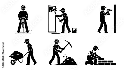Set of black and white pictograms illustrating diverse manual labor and construction tasks, showcasing workers engaged in demolition, painting, drilling, material transport,